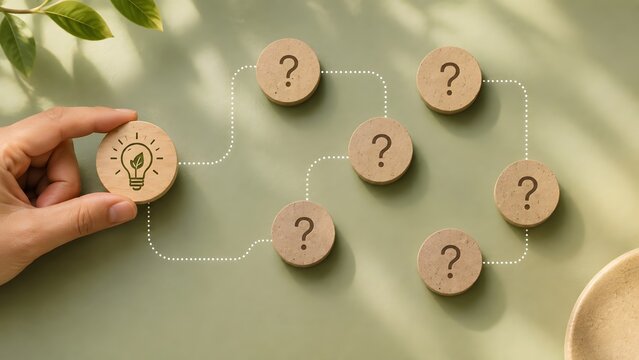 Sustainable ESG strategy consulting concept showing hand connecting green eco lightbulb token to question marks on green background