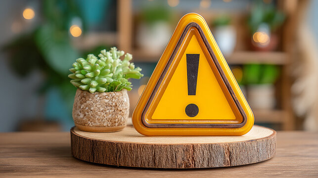Yellow triangular caution warning sign on wooden slice with triangle attention business