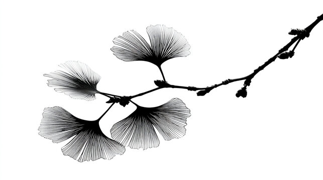 Black and white ginkgo biloba branch silhouette isolated on white background