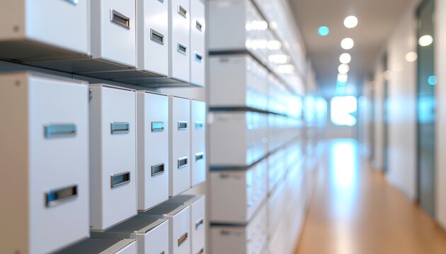 Modern office storage shelves with white document boxes in a bright corridor
