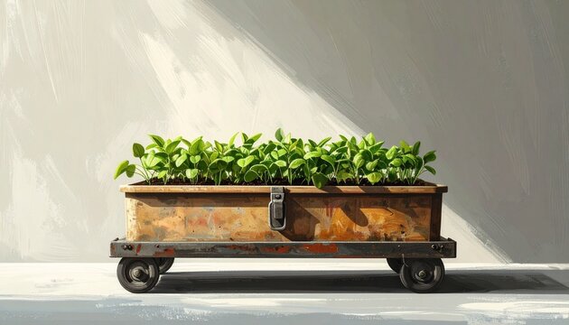 Rustic Wooden Planter Box with Fresh Green Herbs on Wheels.