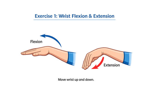 Manual physical therapy exercise to improve wrist flexion and extension range of motion. Two hands are shown in a demonstration of the technique.