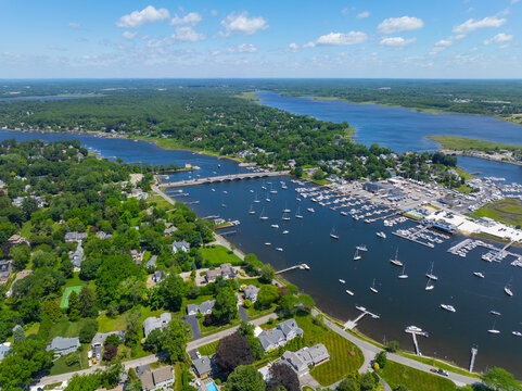 Barrington Bridge aerial view over Barrington River in town of Barrington, Rhode Island RI, USA. 