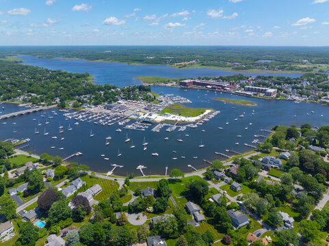 Barrington Yacht Club aerial view at Tyler Point in town of Barrington, Rhode Island RI, USA. Tyler Point located at the mouth of Palmer River into Barrington River. 