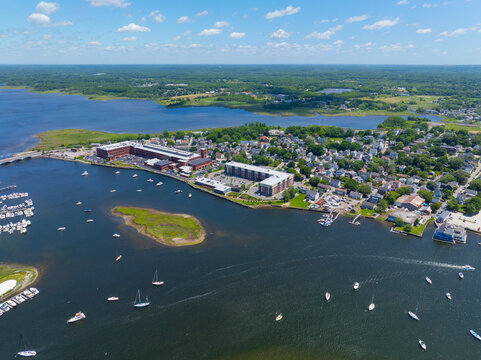 Warren coastal town aerial view including Tourister Mill and Little Island at Palmer River, town of Warren, Rhode Island RI, USA. 