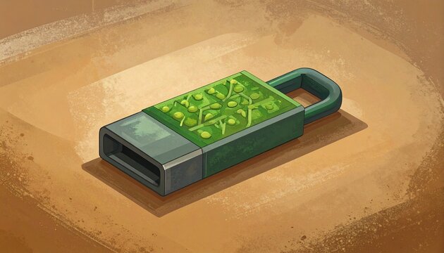 Green USB flash drive with pixelated texture on wooden surface.