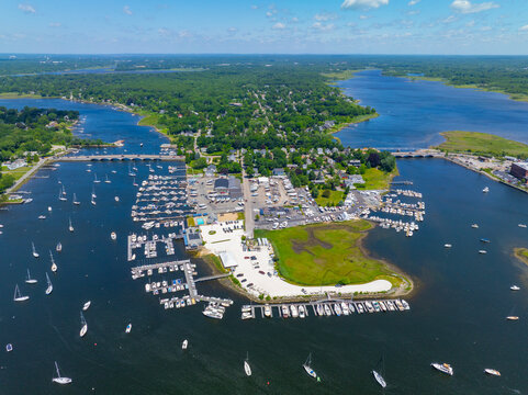 Barrington Yacht Club aerial view at Tyler Point in town of Barrington, Rhode Island RI, USA. Tyler Point located at the mouth of Palmer River into Barrington River. 