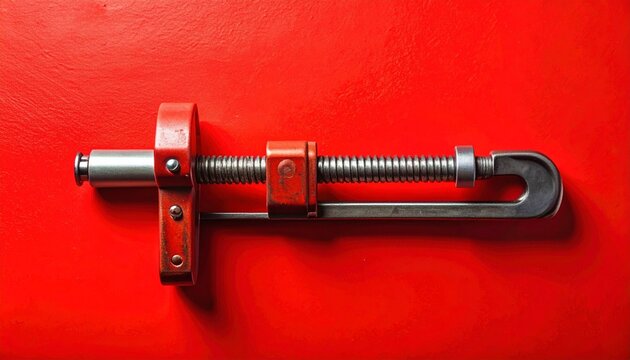 Red background with industrial metal clamp and bolt.