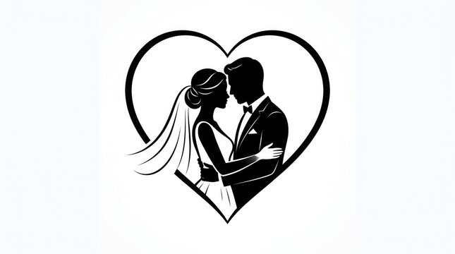 Silhouette bride groom embrace in heart shape for wedding love celebration