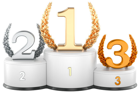 Award podium with gold, silver and bronze numbers, transparent background.