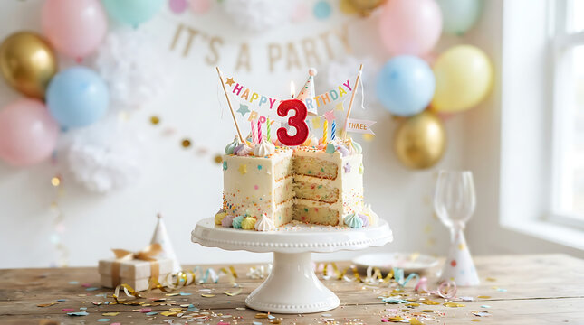 A cream-colored multi-layer birthday cake with a slice cut out, sitting on a white cake stand with a red number "3" candle atop