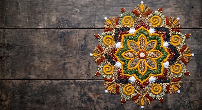 Mandala made of various colorful spices and herbs on a rustic wooden table. Traditional Indian rangoli art pattern for Diwali celebration. Healthy organic food and cooking concept.