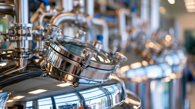 Perspective through parallel rows of stainless steel bioreactors with intricate sanitary piping disappearing into the background, clean pharmaceutical production environment, ultra photorealism, cin