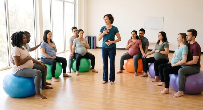 Pregnant woman and man partner attending prenatal class with instructor. Expectant mother sitting on fitness ball learning breathing exercise. Parenting education for birth preparation.