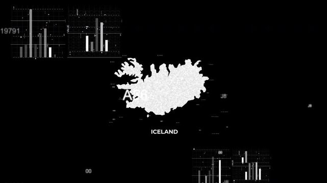 Iceland map animation showcasing economy, infrastructure, technology, population, energy, trade, and national development data for presentations, films, documentaries, and motion graphics.