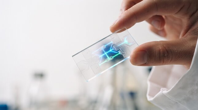 Hand holding a transparent microchip with glowing blue and green circuits in a clean laboratory environment with bright lighting