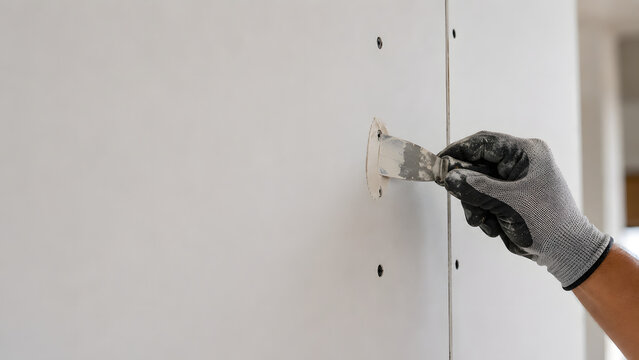 Professional Plasterer Filling Screw Heads in a Plasterboard Wall