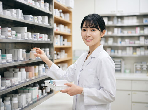 白衣姿で白い小物を乗せたケースを手に取り薬を選び微笑む女性