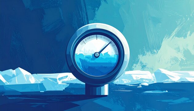 Futuristic pressure gauge with icy mountain background.