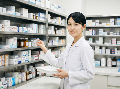 薬棚の前でトレイを持ちカメラを見つめる白い服の女性