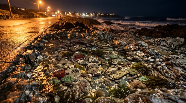 Coastal tide pool with rocks and seaweed at night along an illuminated road
