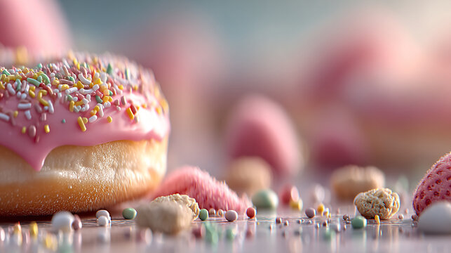 Assorted sweet donuts with pink icing and sugar decorations on table doughnut sprinkles