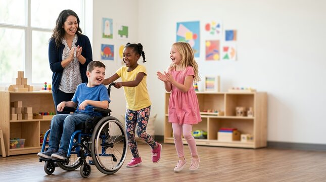 Happy children playing with a boy in a wheelchair in a classroom setting.