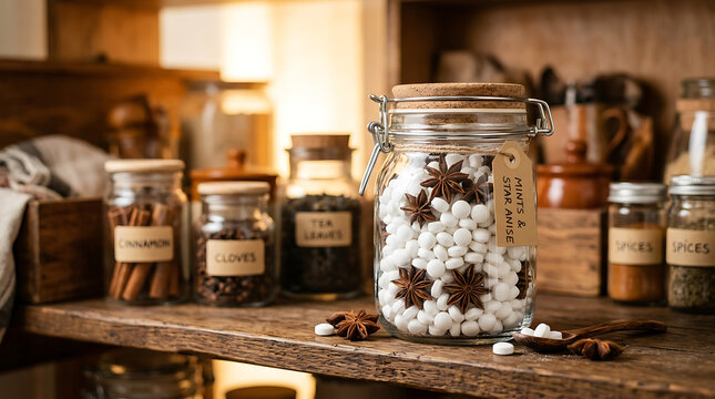 Glass jar filled with refreshing mints and star anise, stored on a rustic wooden shelf with other spices