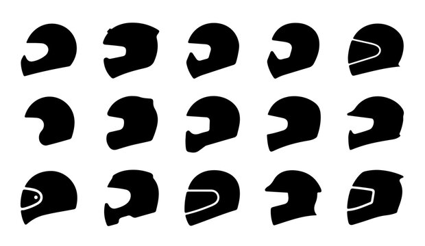 Biker helmet silhouette icons featuring various full face designs for motorcycle safety.