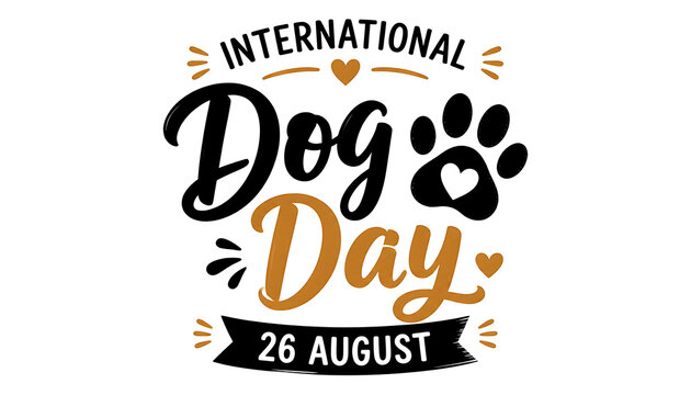 A black and gold graphic on a white background celebrating International Dog Day, with "INTERNATIONAL" in black, "Dog" and "Day" in elegant script, a gold heart-shaped paw print, and a black banner re