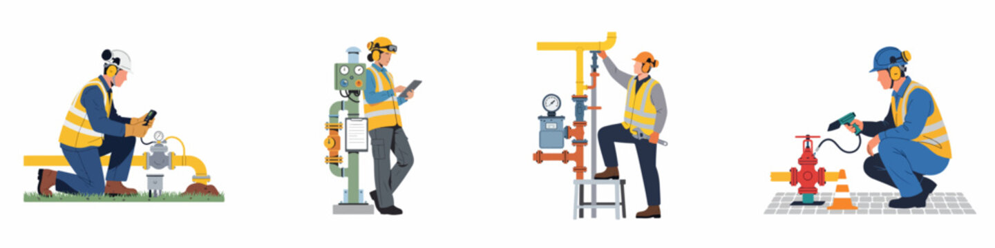 Industrial Maintenance Illustration Set Featuring Professional Gas Technicians and Utility Workers Inspecting Pipelines, Valves, and Meters while Wearing High-Visibility Safety Gear and PPE.