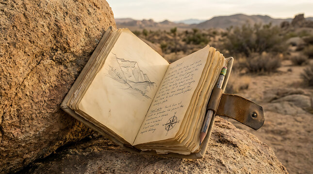 Vintage travel journal with pencil and map sketch resting on weathered rocks in a desert landscape