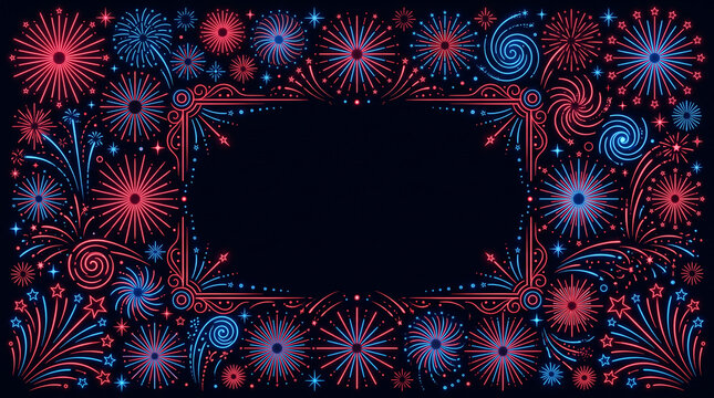 Intricate red and blue fireworks mandala frame pattern on dark background.