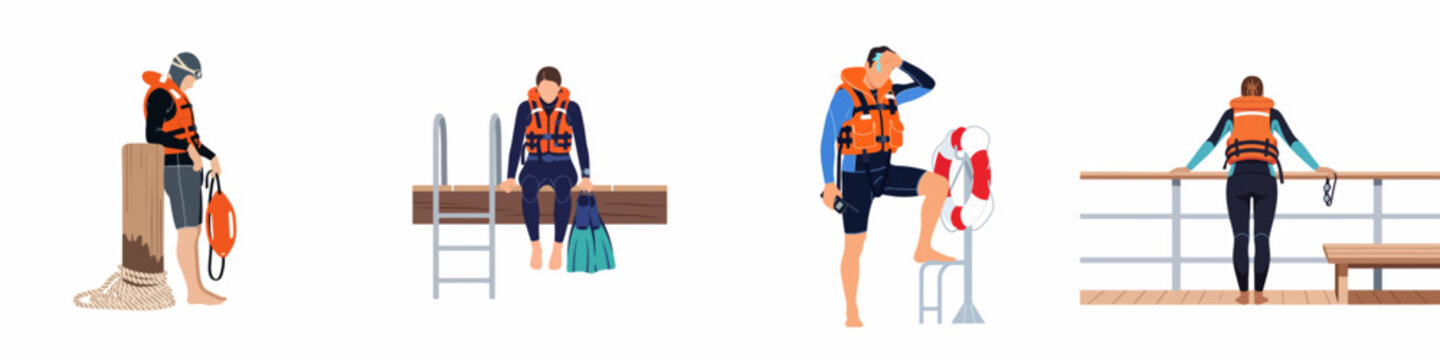 Collection of flat vector characters wearing orange life jackets for maritime safety and boat security including divers boaters and lifeguard figures on decks and piers with rescue equipment