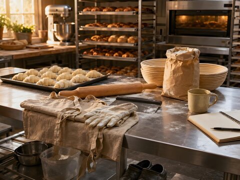 baker workwear and ingredients on stainless steel bakery counter