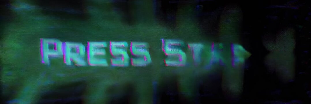Glitch Press Start text glowing on dark screen, gaming concept for entertainment website banner