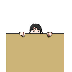 An illustration of man character with black hair taking a peek from a box