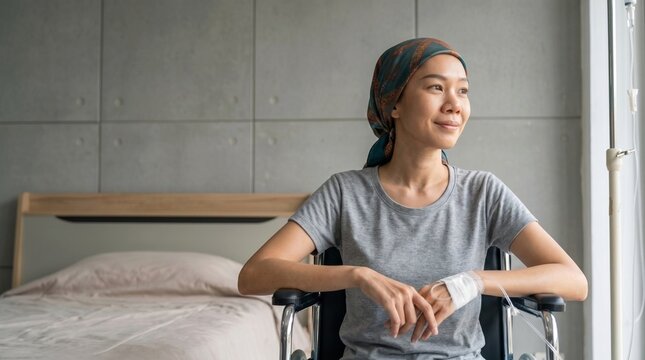 Young woman with cancer recovery sitting in wheelchair