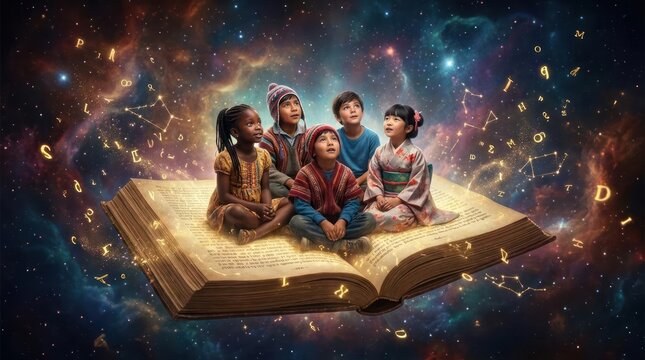 Diverse children floating on giant book in space