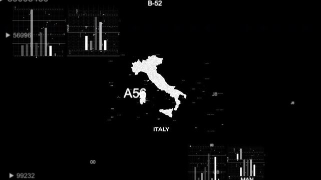 Italy map animation showcasing economy, infrastructure, technology, population, energy, trade, and national development data for presentations, films, documentaries, and motion graphics.