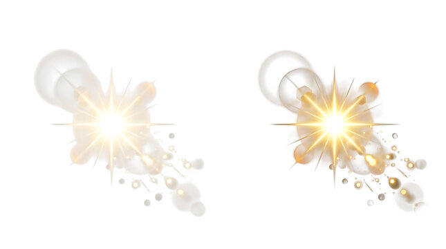 Set of two glowing gold lens flare light effects isolated on white background