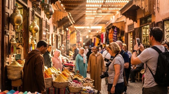 Busy Moroccan souk market street with copper lanterns.