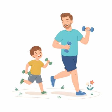Father and son running and exercising with dumbbells