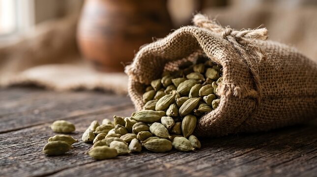Green cardamom pods spilling from a burlap sack on a rustic wooden table