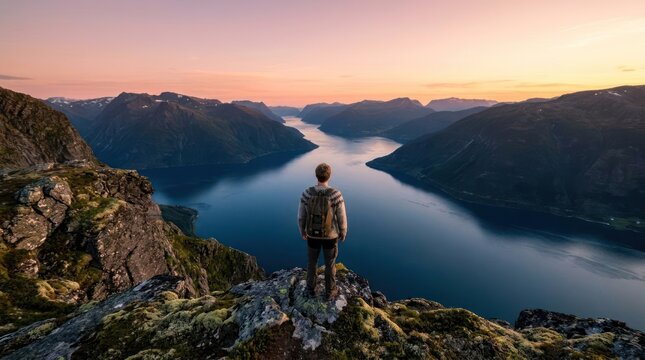 Hiker overlooking scenic mountain fjord at sunset.