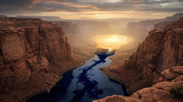 Aerial canyon landscape with glowing sunset river.