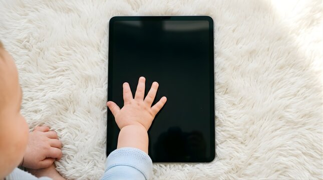 Baby hand touching black digital tablet screen on soft fluffy rug