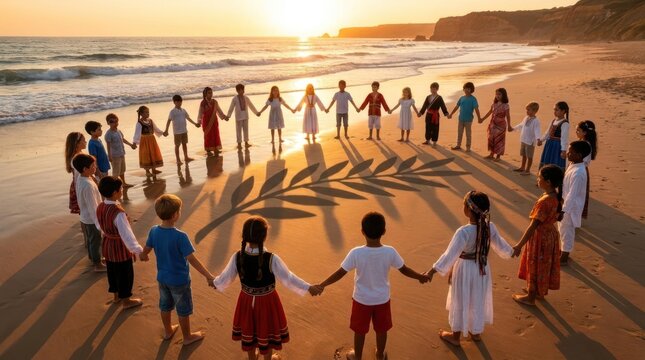 Diverse children holding hands in circle on beach sunset.