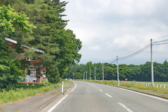 Asphalt Road Passing a Wooden House and Lush Forest in the Japanese Countryside