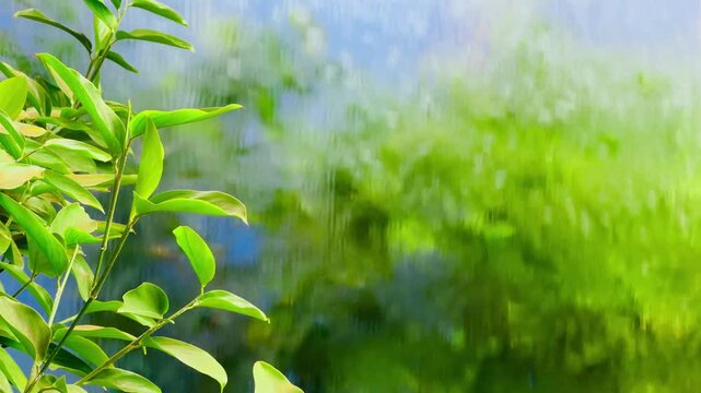  Lush green tree leaves frame the left foreground, set against a soft blurred background of rippling water reflecting vibrant natural light, creating a serene botanical copy space scene.
